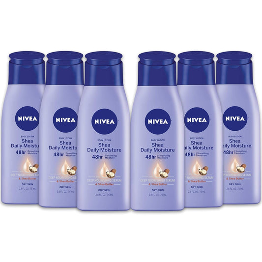 NIVEA Shea Nourish Lyfroom vir Droë Vel met Hialuroonsuur, Karitébotter en Diep Voedende Serum, 48-Uur Lyfbevogtiger, 75ml Bottel, Pak van 6