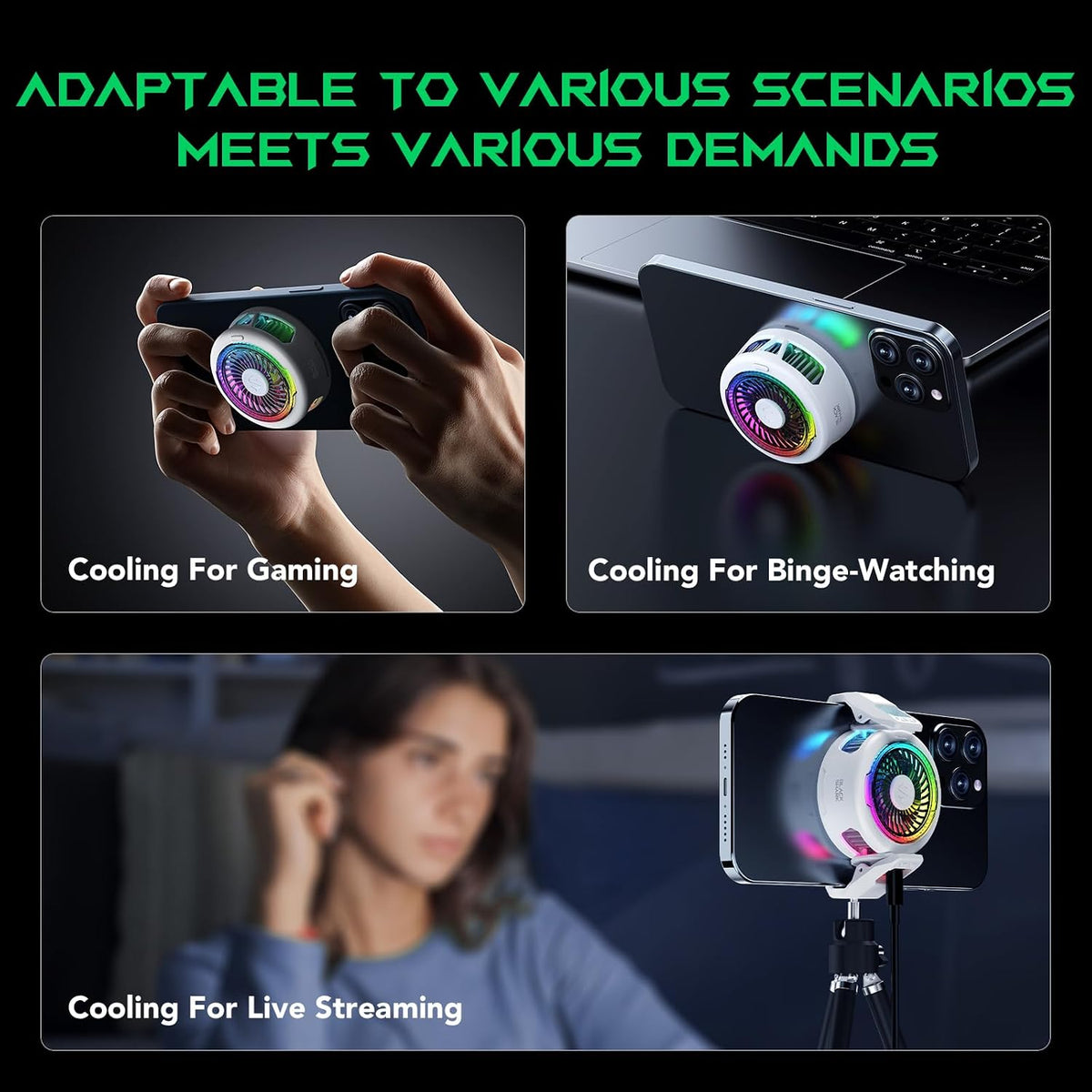 White Magnetic Phone Cooler for Gaming with RGB Lights, Portable Magnetic Cooling Fan with App Control for iPhone Magnetic Series and iPad