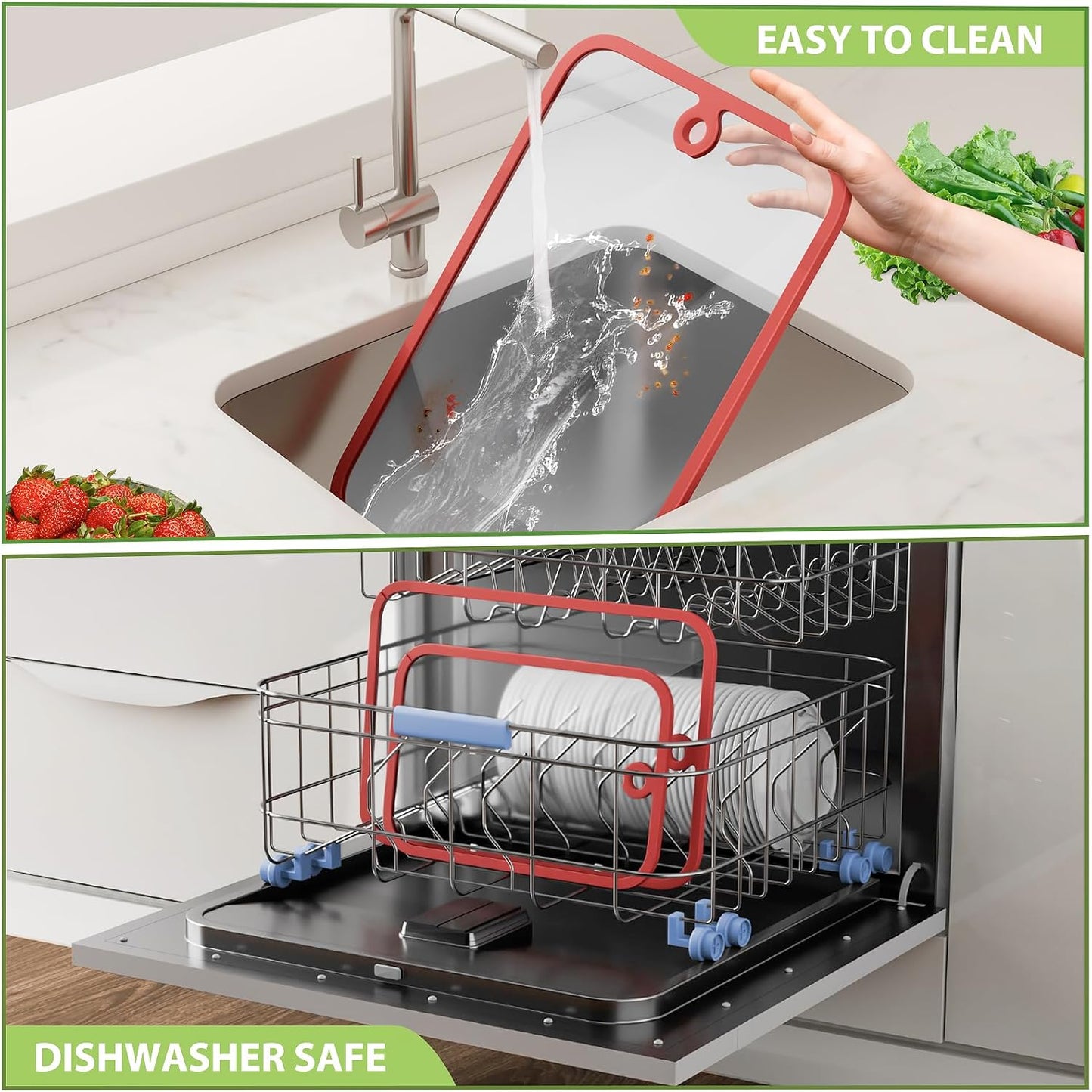 Cutting Board, Freshmage Glass Cutting Boards for Kitchen, 2Pcs Chopping Board Set with Non-Slip Edges & Hanging Hole, Dishwasher- Safe Clear Cutting Board for Countertop, Meal Prep & Serving