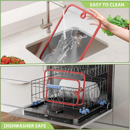 Snyplank, Freshmage Glas Snyplanke vir Kombuis, 2 Stuks Kaplankstel met Nie-Gly Rande & Ophanggaatjie, Skottelgoedwasser-veilige Deursigtige Snyplank vir Werksoppervlak, Maaltydvoorbereiding & Bediening