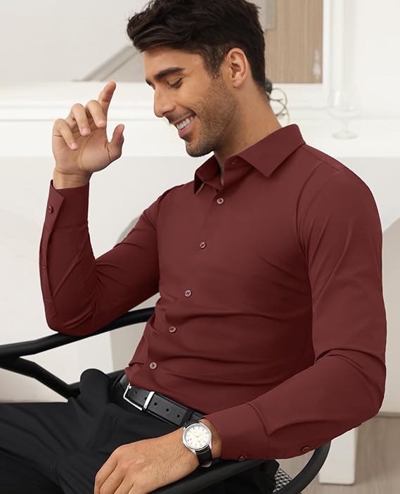 Mans Langmou Slim Fit, Spiervas, Kreukelvry, Knoop-af Rekbaar