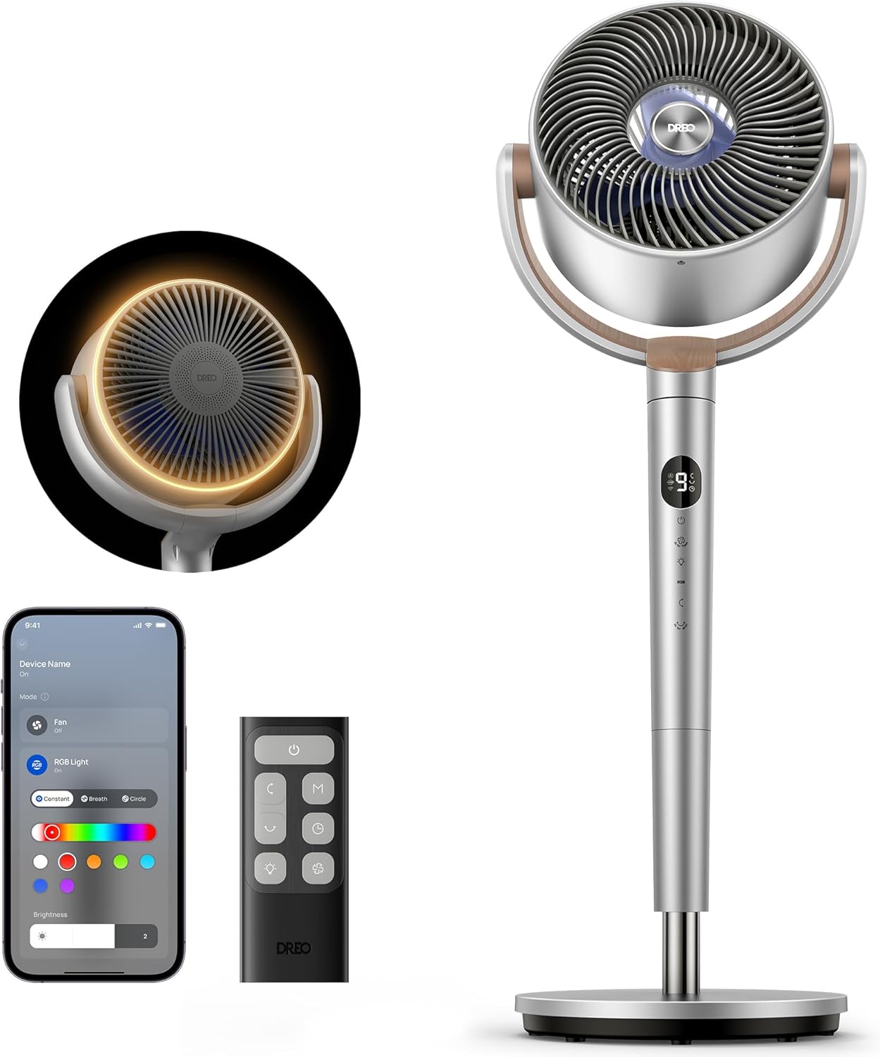 Slim Ossillerende Waaier 120° Omnirigting, 27m Stil Voetstuk m/ RGB Lig, 9 Spoede, 6 Modusse 8H Tydhouer, Wi-Fi/Stem, 94-107cm - Silwer