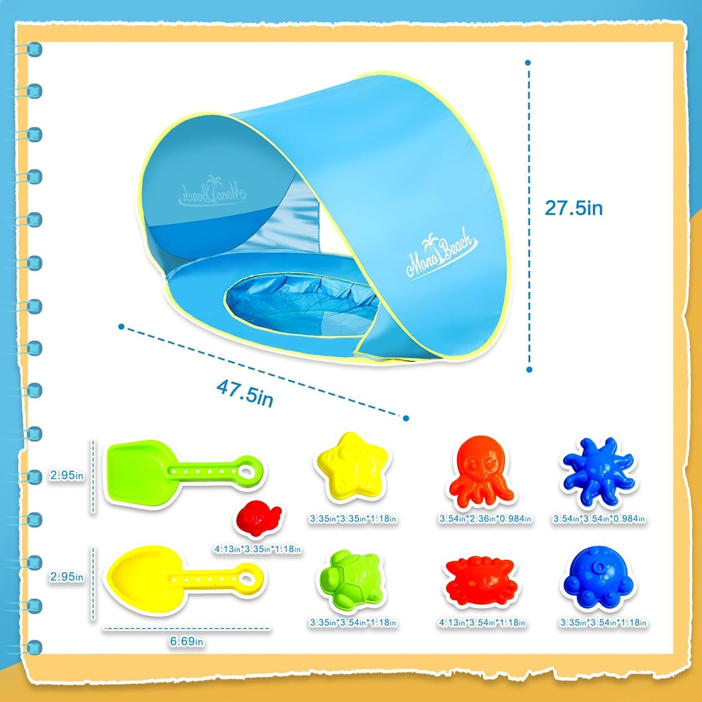 Beach Tent with Beach Sand Toys Pop Up Portable Shade Pool UPF50+ UV Protection Sun Shelter for Infant with Easy Set Up Canopy (Blue with Toys)