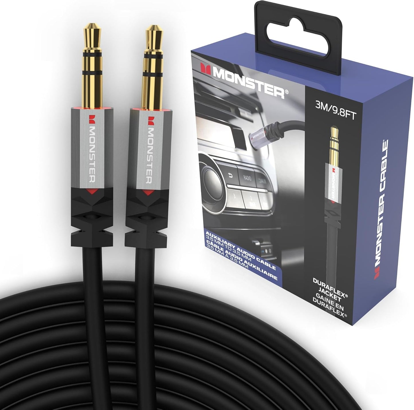 Monster Gen2 Essentials Oudiokabel 3.5mm Manlik na Manlik Aux-kabel vir Kar, iPhones, Oorfone, 9.8FT Duraflex-omhulsel, Vergulde Koppelaars, Uitstekende Klankgehalte en Duursame Kabel