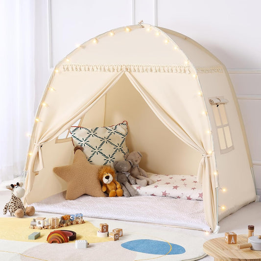 Medium Kleuterbed Tentdak: met Liggie en Vlaggete vir Meisies en Seuns Huisgeskenke - Monobeach Kinder Speeltent Binneshuis Prinses Speelgoed - Draagbare en Opvoubare Kinder Speelhuis Buite