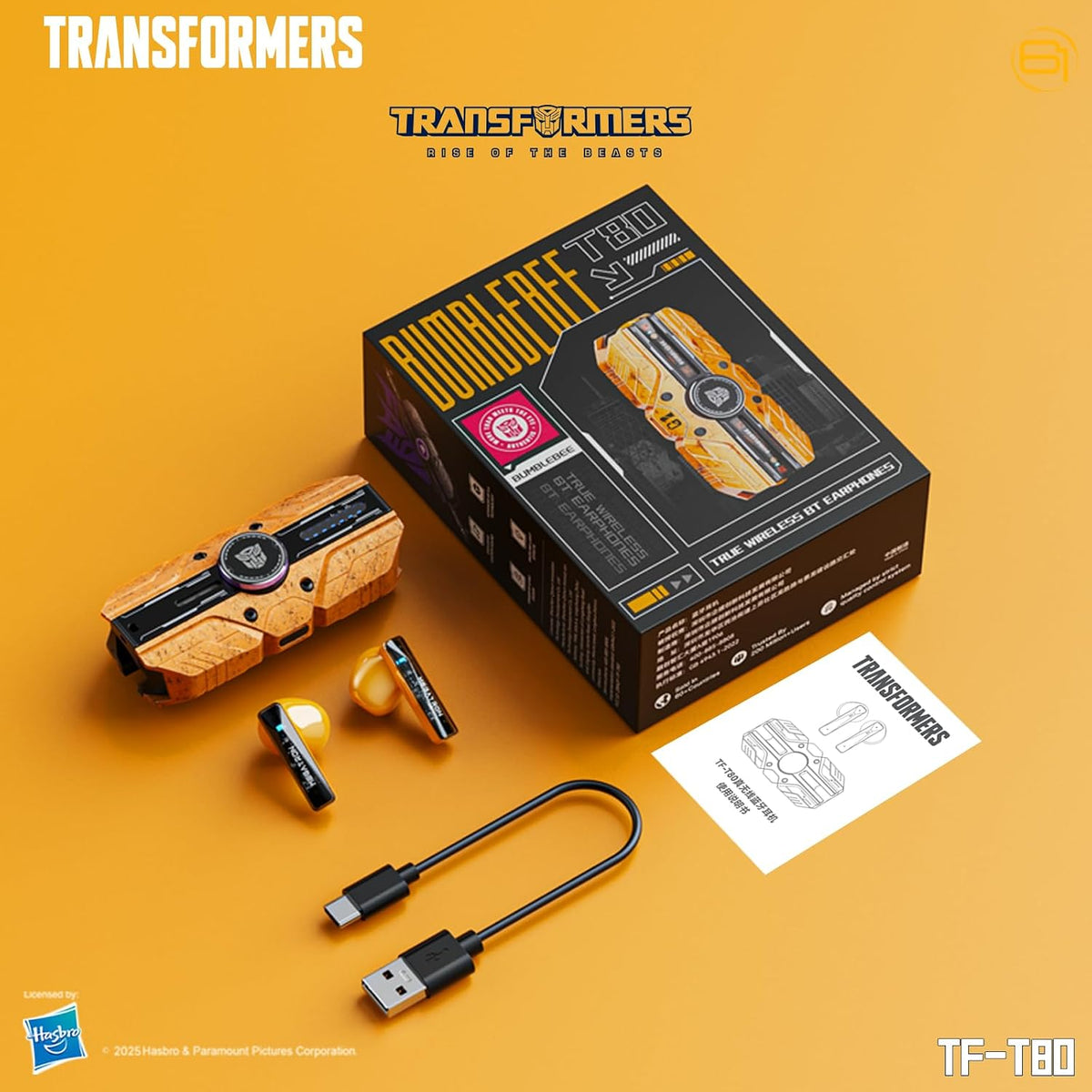 Transformers TF-T80 Bluetooth True Wireless Earbuds with Noise Cancelling in-Ear Cool HiFi HD Calling Dual Modes Sports Music Game Long Endurance Earphones - Yellow Bumblebee
