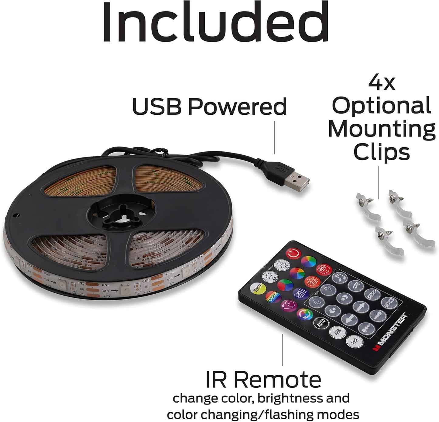 Monster 13.1ft Color Flow Multi-Color LED Light Strip, Indoor, Fun Flash Mode, Remote Control, Dimmable, Self Adhesive, Timer, 120 RGB+IC LEDs, USB Powered, Multi-White, Sound Reactive