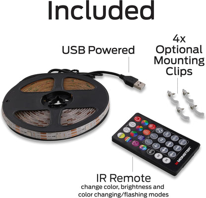 Monster 13.1ft Color Flow Multi-Color LED Light Strip, Indoor, Fun Flash Mode, Remote Control, Dimmable, Self Adhesive, Timer, 120 RGB+IC LEDs, USB Powered, Multi-White, Sound Reactive