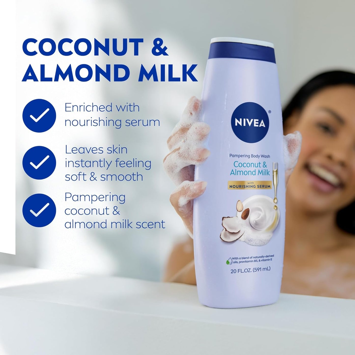 NIVEA Pampering Coconut and Almond Milk Body Wash with Nourishing Serum, Moisturizing Body Wash - 20 Fl Oz - (3 Bottles)