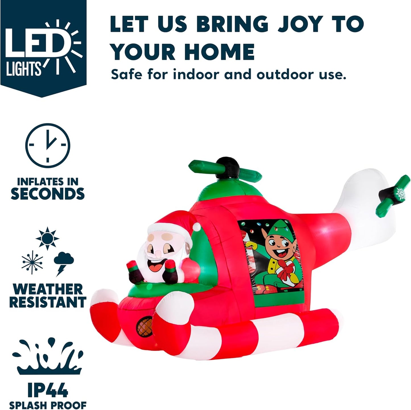 (7FT) Long Christmas Inflatable Santa Elf on Animated Helicopter, Blow Up Santa Inflatable on Flying Airplane with Rotating Propeller Decor