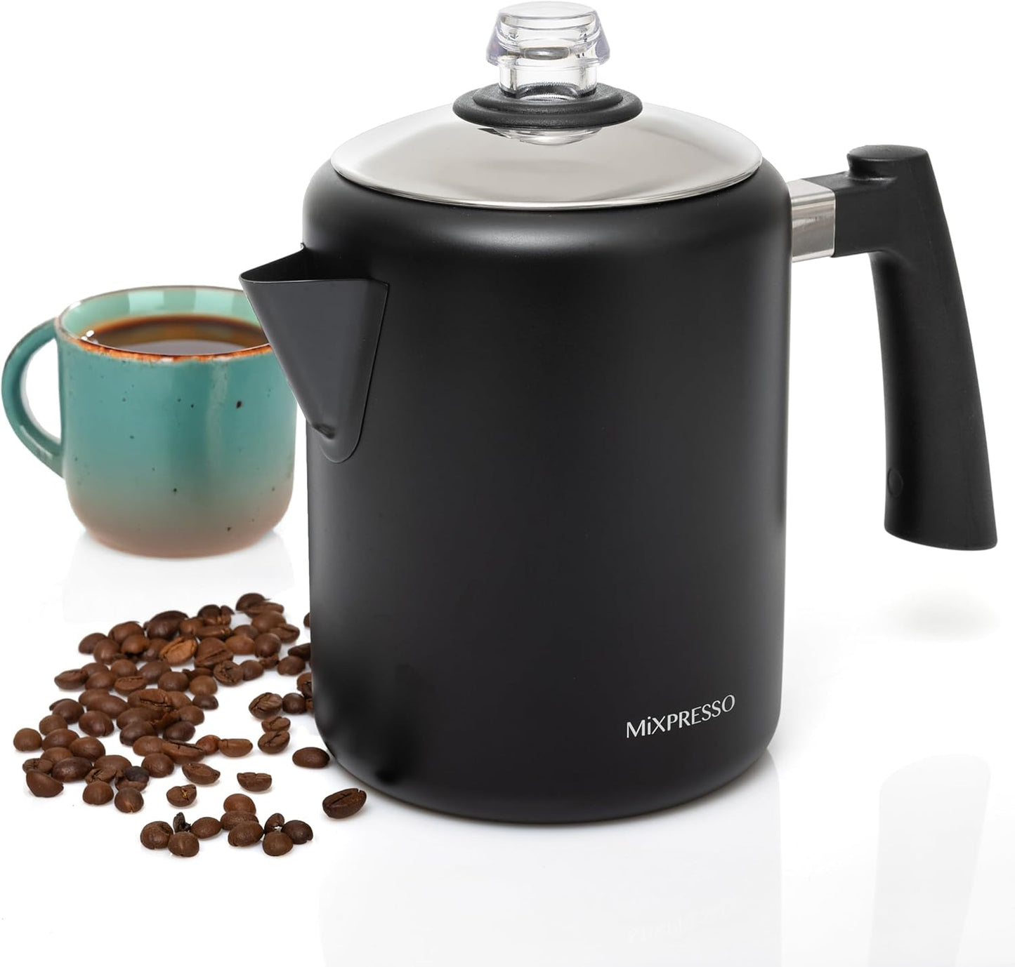 Mixpresso Swart Vlekvrye Staal Koffieperkoleerder Kookplaat, 37oz Klassieke Perkoleerder Koffiepot, Puik Vir Kamp, 5-8 Koppie Kookplaat Espressomaker, Koel-aanraking Handvatsel