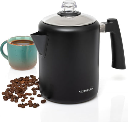 Mixpresso Swart Vlekvrye Staal Koffieperkoleerder Kookplaat, 37oz Klassieke Perkoleerder Koffiepot, Puik Vir Kamp, 5-8 Koppie Kookplaat Espressomaker, Koel-aanraking Handvatsel