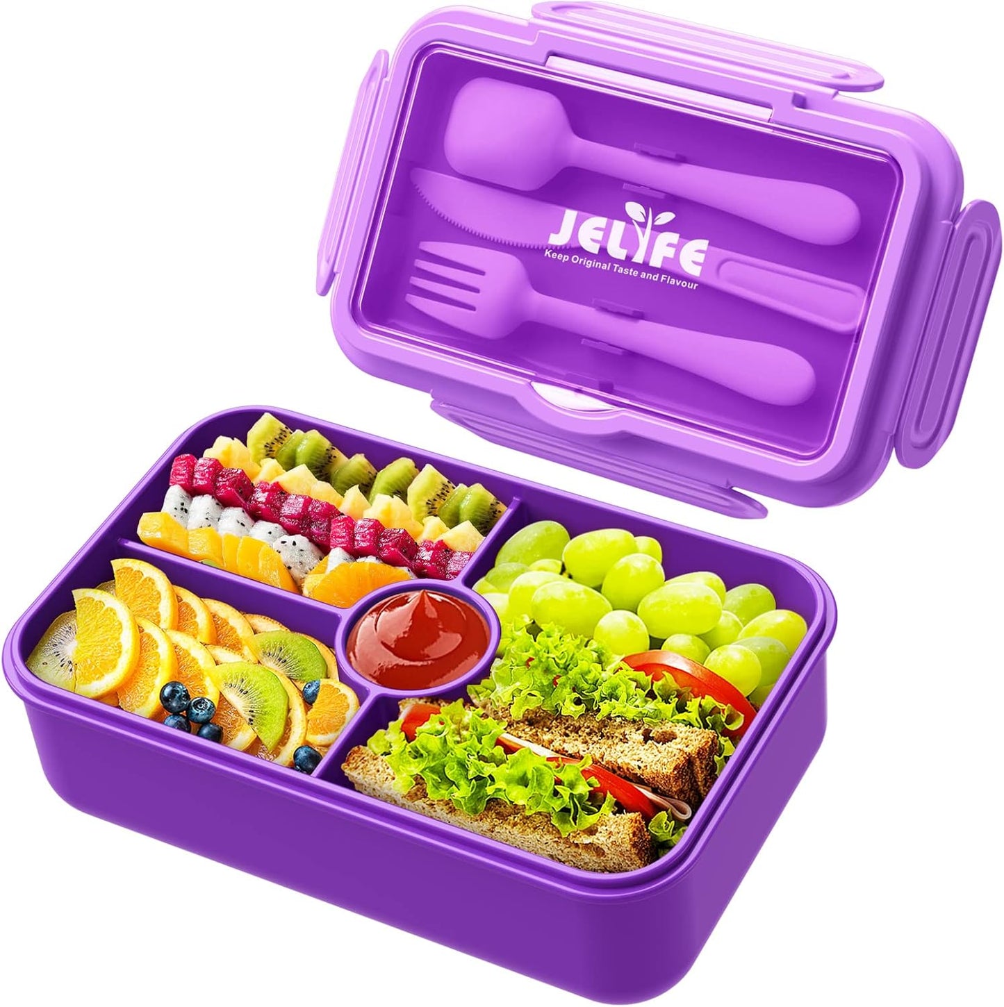 Lunch Box Kids Bento Box - Leakproof 4 Compartments Food Containers w Utensils - Purple