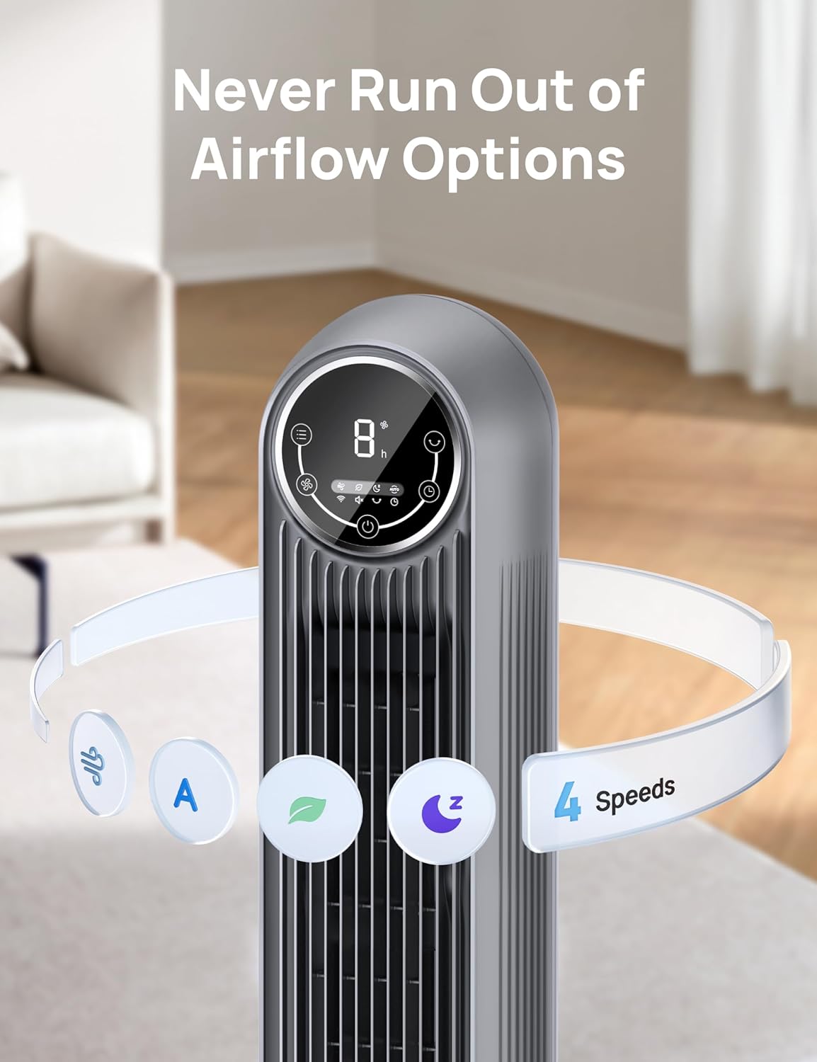 Tower Fan 25ft/s Velocity Quiet Floor Fan, 90° Oscillating w/ 4 Speeds, 4 Modes, 8H Timer - Grey
