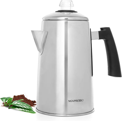 Mixpresso Vlekvrye Staal Koffieperkoleerder Kookplaat, 52 oz Klassieke Perkoleerder-koffiepot, Ideaal Vir Kamp, 12 Koppie Kookplaat-Espressovervaardiger, Koel-aanraakhandvatsel