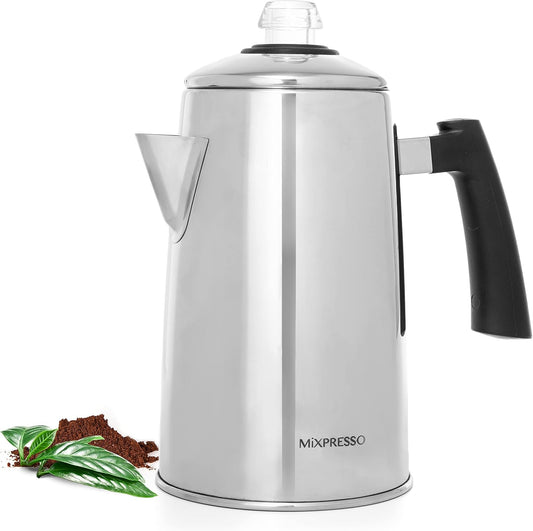 Mixpresso Vlekvrye Staal Koffieperkoleerder Kookplaat, 52 oz Klassieke Perkoleerder-koffiepot, Ideaal Vir Kamp, 12 Koppie Kookplaat-Espressovervaardiger, Koel-aanraakhandvatsel