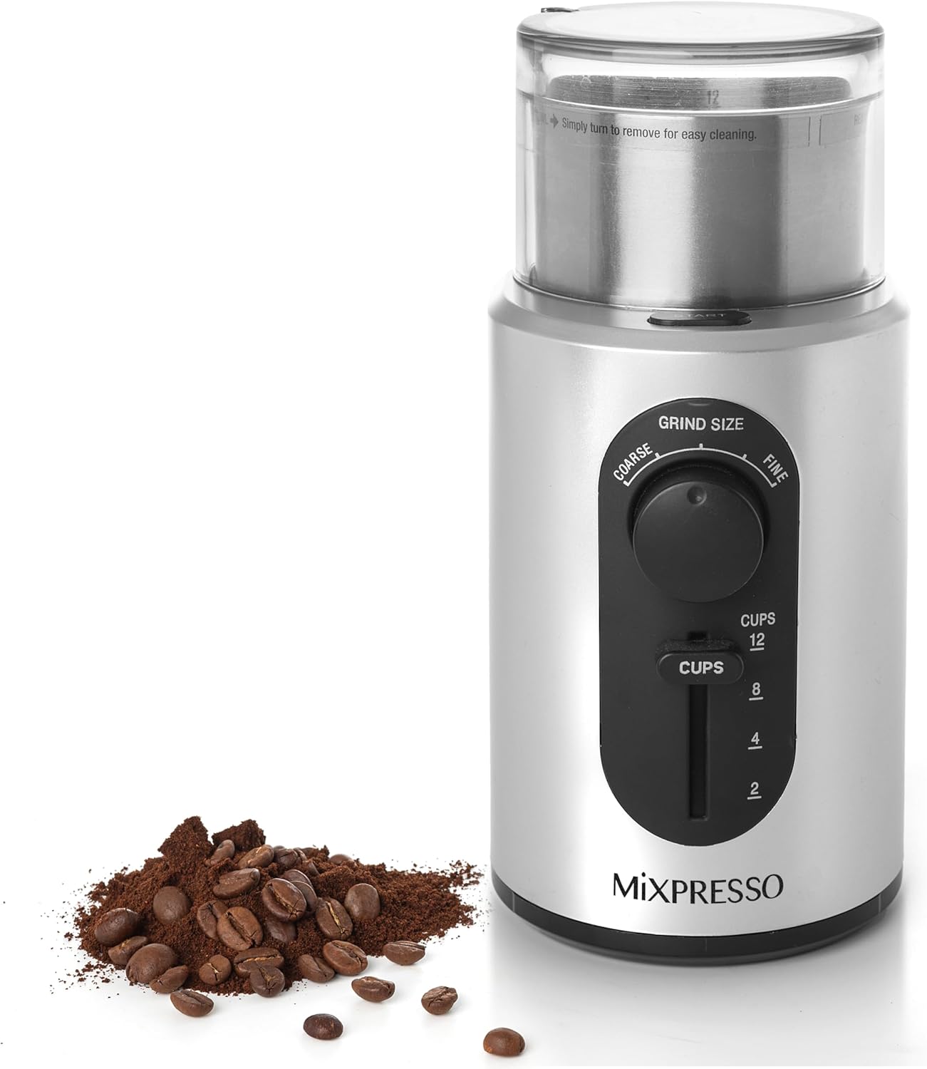 Mixpresso Elektriese Koffiemeul 12 Koppie Kapasiteit, 304 Vlekvrye Staal Lem, Espressoboonmeul, Verwyderbare Kamer, Elektriese Koffiemeul met 5 Voorafinstellings Vir Speserye en Meer