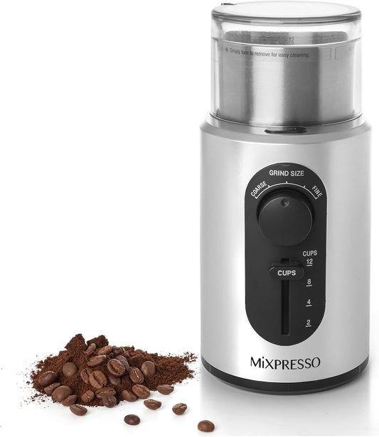 Mixpresso Elektriese Koffiemeul 12 Koppie Kapasiteit, 304 Vlekvrye Staal Lem, Espressoboonmeul, Verwyderbare Kamer, Elektriese Koffiemeul met 5 Voorafinstellings Vir Speserye en Meer