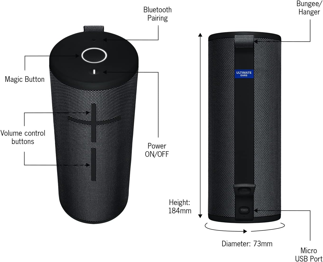 Ultimate Ears Boom 3 Wireless Bluetooth Speaker, Bold Sound + Deep Bass, Bluetooth, Magic Button, Waterproof, 15 Hours Battery, Range of 150 ft, Night Black