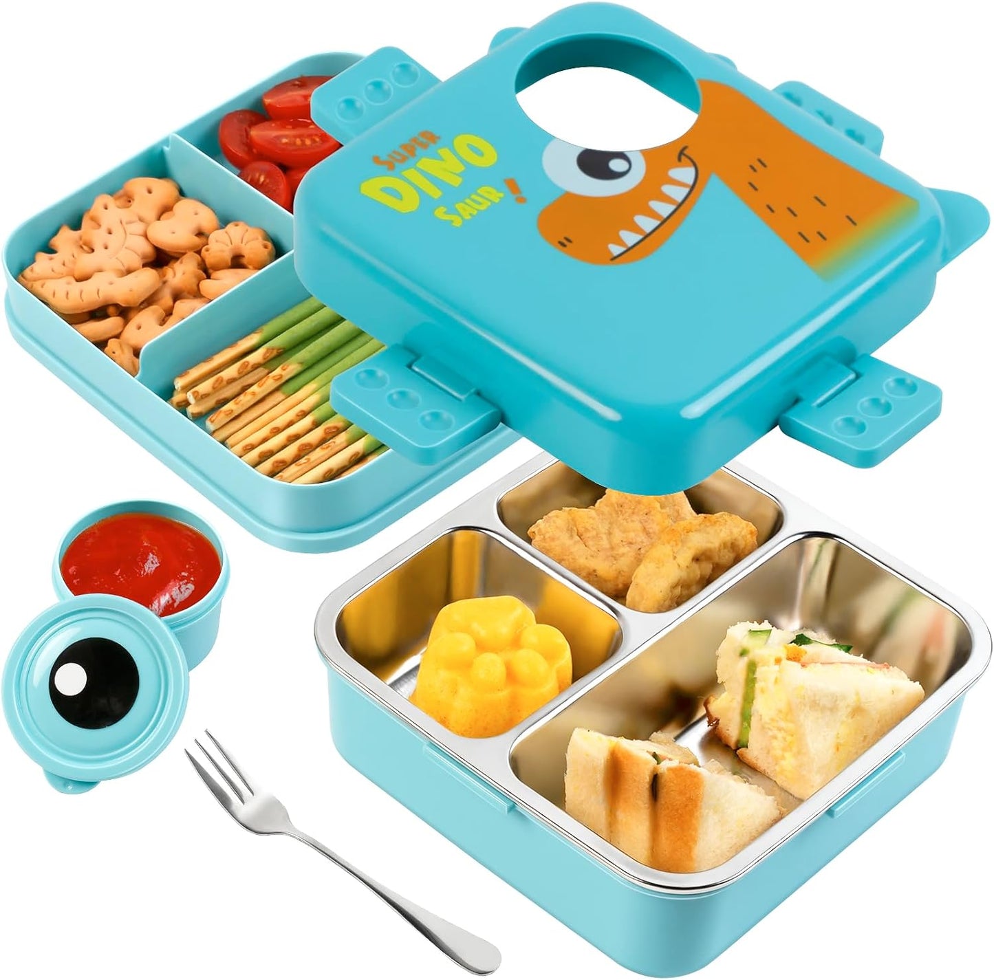 Freshmage Dubbellaag-bento-houer van vlekvrye staal met 3 kompartemente, groot kapasiteit lekvaste en BPA-vrye bento-middagetebox, duursaam, drupbestand, skottelgoedwasser-veilig, blou