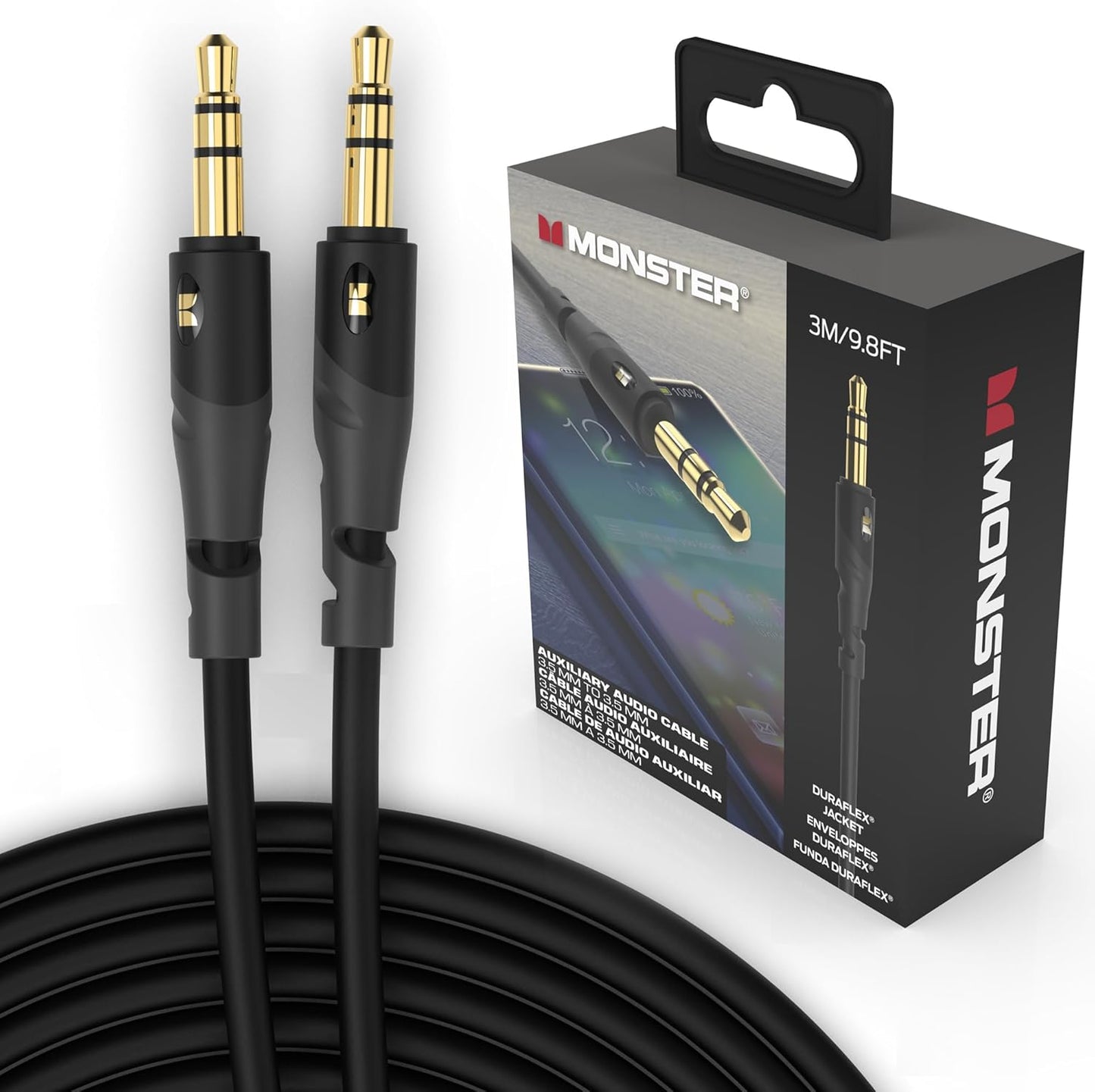 Monster Gen1 Essentials Mini-na-Mini Interconnect Oudiokabel 3.5mm Manlik na Manlik, 9.8FT Aux-kabel met Duraflex-omhulsel, Premium Vergulde Koppelaars, Kabel vir motor, huis, stereo