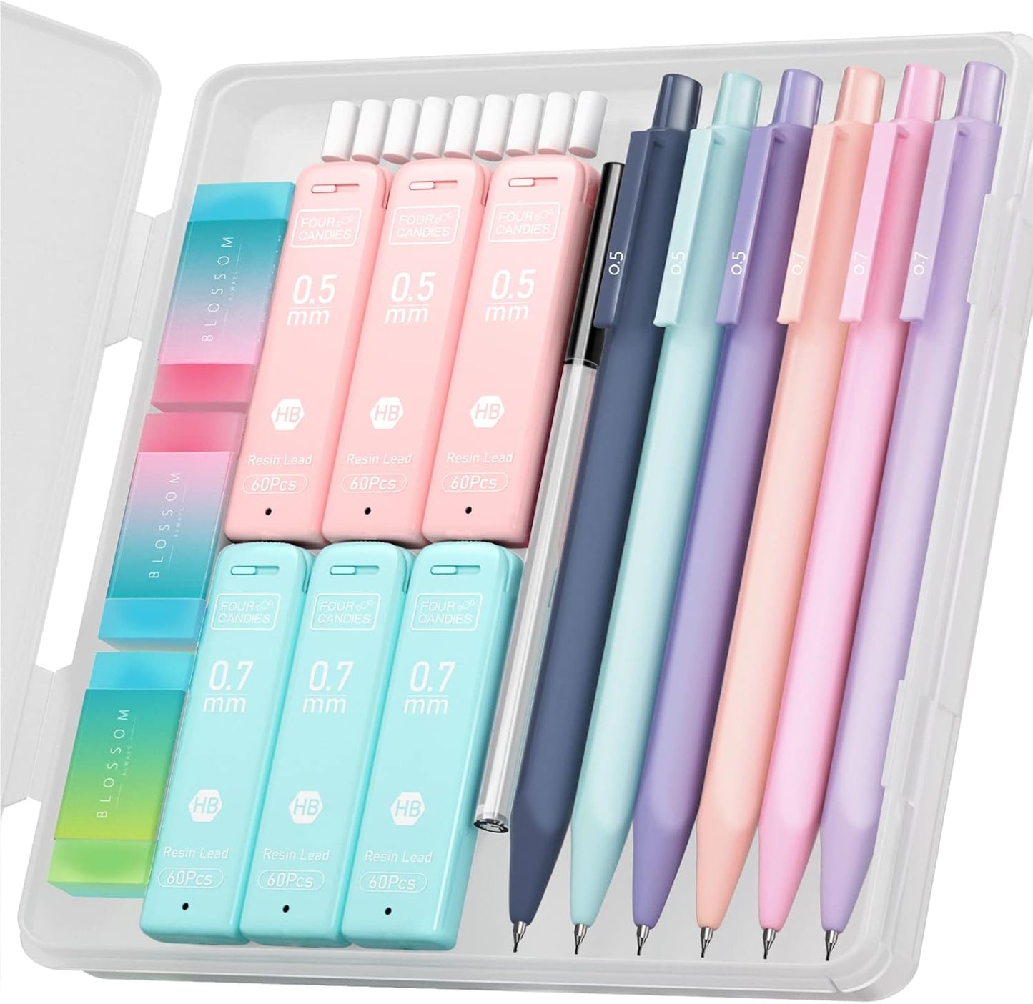 Cute Mechanical Pencil Sets, 6PCS Pastel 0.5 & 0.7mm w/ 360PCS HB Pencil Leads, 3PCS Erasers and 9PCS Eraser Refills, Aesthetic Mechanical Pencils