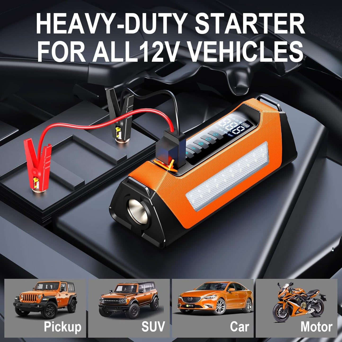 Car Jump Starter with Air Compressor 6000A, 800 Lumen LED Light and 180PSI Portable Battery Jump Box (9L Gas or 8L Diesel),12V Auto Tire Inflator Jumper Starter Combo with LCD Display (Orange)