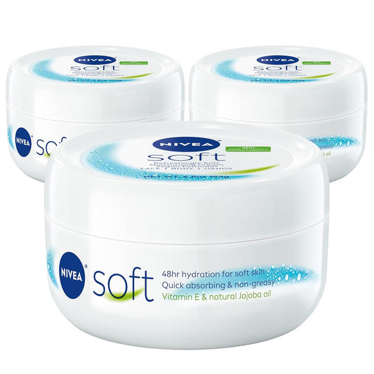 NIVEA Soft Verfrissend Sagte Bevogtigende Room vir Gesig, Liggaam en Hande, Liggewig, Nie-Vet, 48-Uur Liggaamsbevogtiger met Jojoba-olie en Vitamien E, 193g Pot, Pak van 3