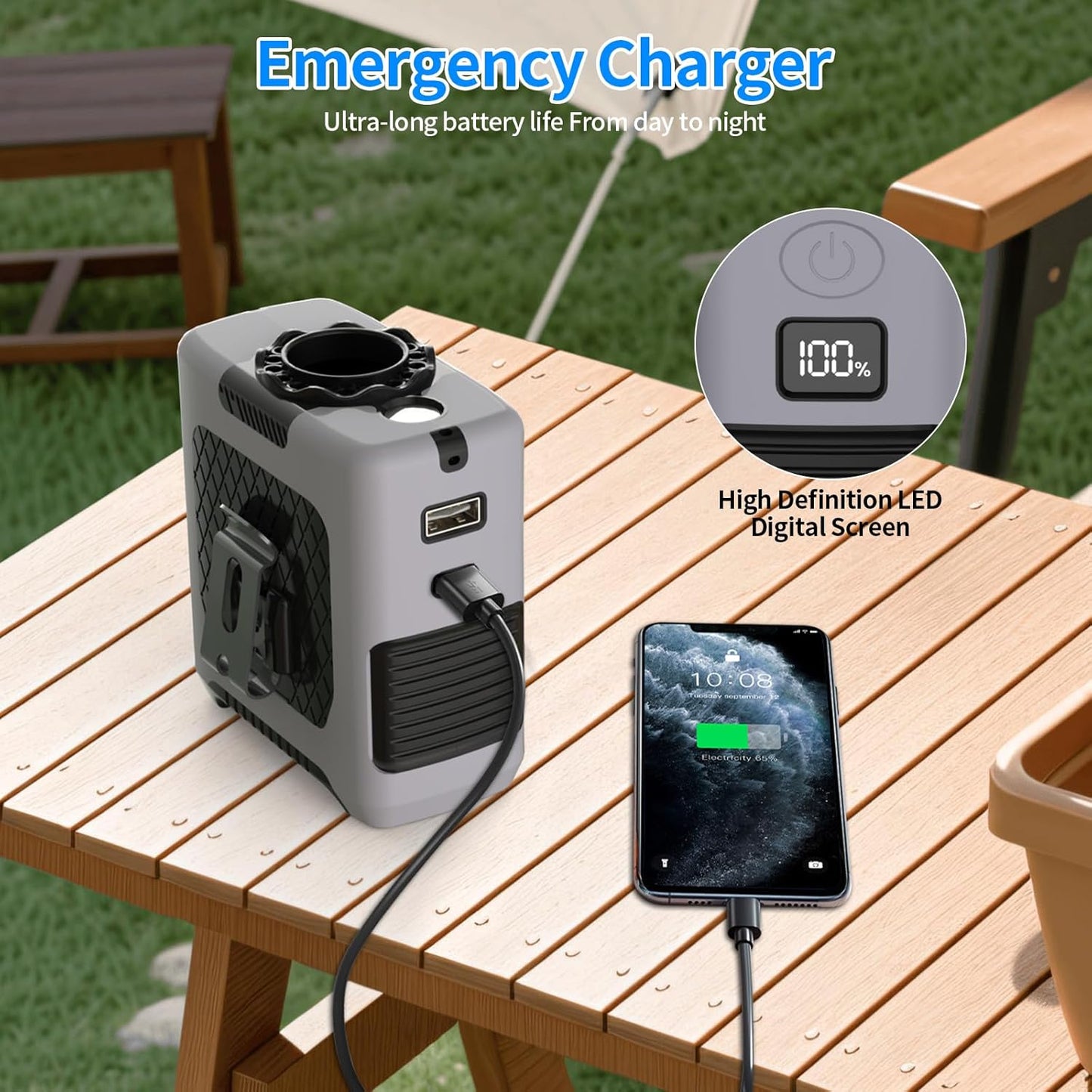 10000mAh Draagbare Middellyfwaaier met Flitslig - 5 Spoed - Grys