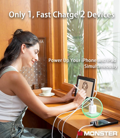 Monster 65W USB C Charger Block, PPS 2-Port, Foldable GaN Fast Charger, Heat-Free Ensure Security for iPhone 16 Pro Max/15/14, iPad, MacBook, Samsung Galaxy S25, Pixel and More, with Silicone Cable