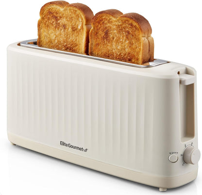 Gourmet Slim Toast 2-Sny Langgleufbroodrooster, Koel-aanraking Liggaam, 6 Roostersterkte-skakerings, Ekstra-wye 3.8 cm Gleuf vir Artisan Brood, Bagels, Wafels & Engelse Muffins – Cremello