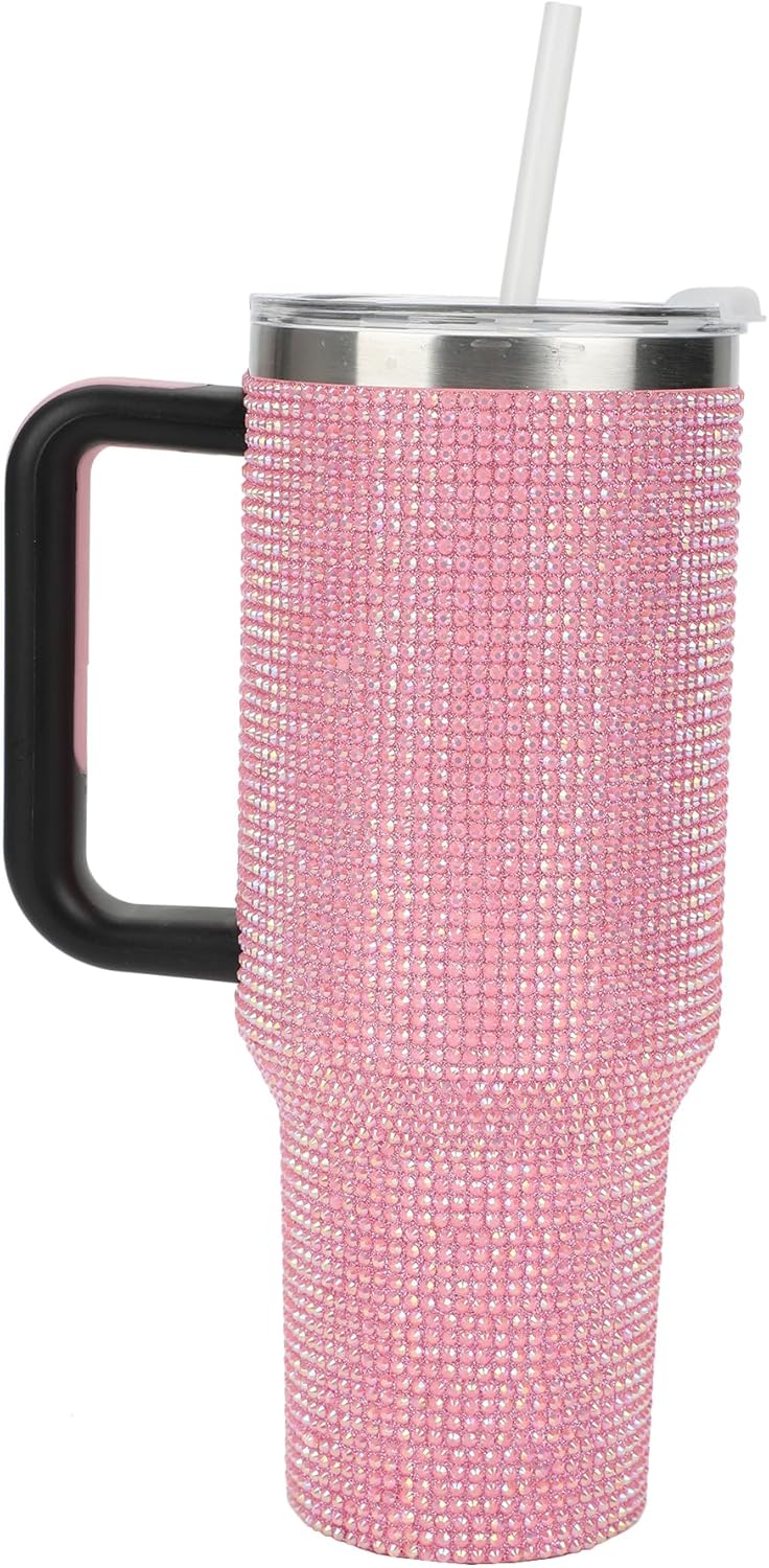 Insulated Stainless Steel Tumbler w/ Reusable Straw & Leak-Proof Lid Easy Carry Handle 40oz (Pink Rhinestones)
