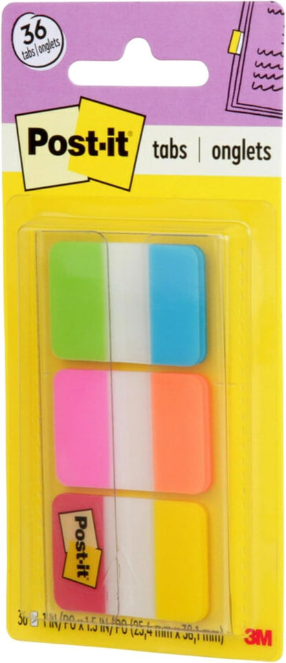 Post-it Tabs, 1 in Solid, Aqua, Yellow, Pink, Red, Green, Orange, 6/Color - Solid Style (36/Dispenser)