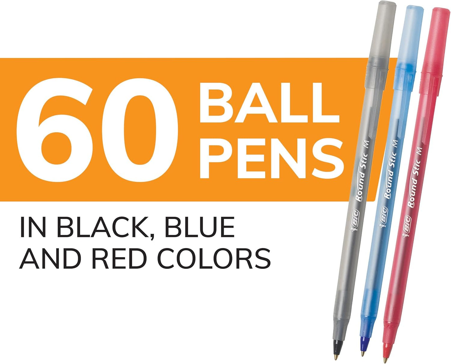 BIC Round Stic Xtra Life Assorted Ink Ballpoint Pens, Medium Point (1.0mm), 60CT Bulk Pens - (Pack of 2)