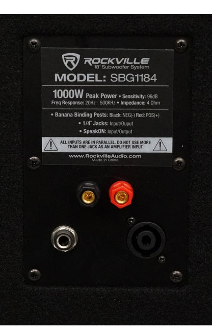 Rockville SBG1184 18" 1000 Watt Passiewe 4-Ohm Pro DJ Subwoofer, MDF/Paalmontering