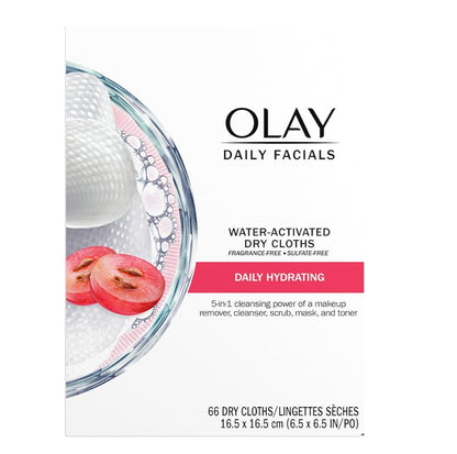 Olay Daily Facials Grimeerverwyderende Gesigsreinigingsdoekies, 5-in-1 Watergeaktiveerde Lappies, Eksfolieer, Toon en Hidreer Vel (66 tellings)