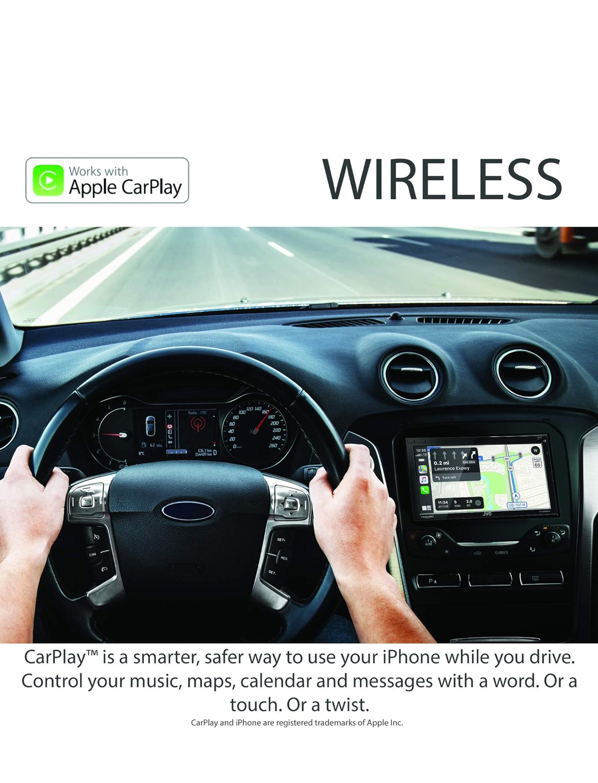 JVC Ingeboude Wi-Fi vir Draadlose CarPlay Android Auto, 6.8" LCD Raakskerm, AM/FM, Bluetooth, MP3-Speler, USB-Poort, Dubbel DIN, 13-Band EQ, SiriusXM Motorradio