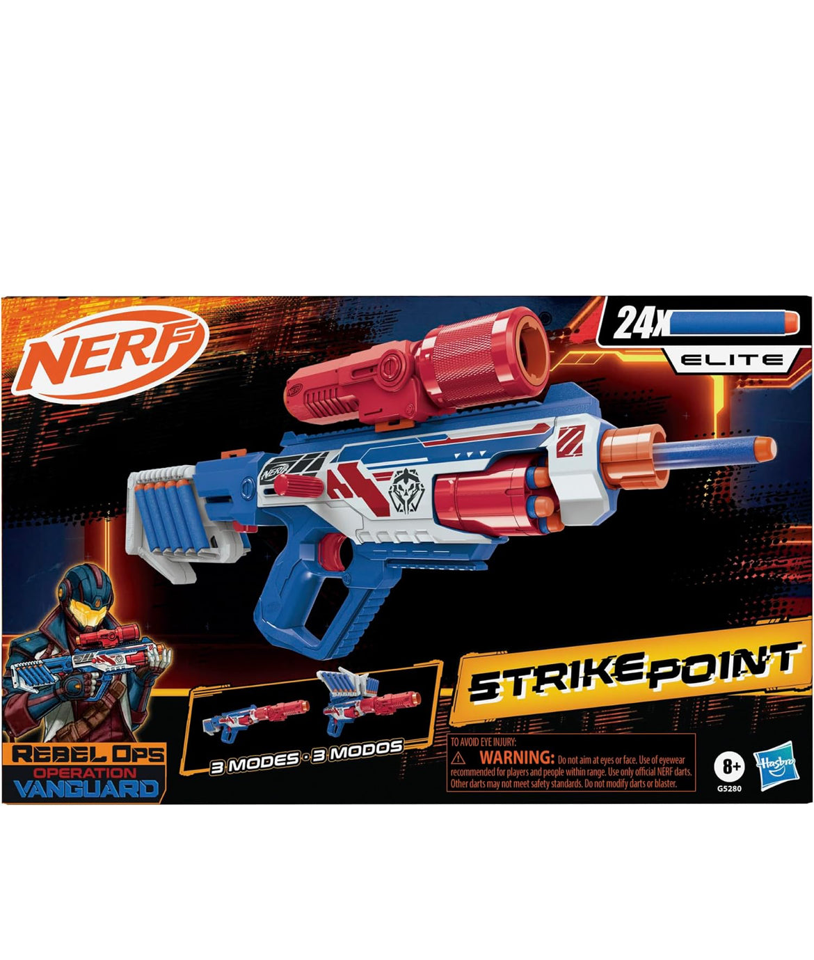 Nerf Rebel Ops Operation Vanguard Strikepoint Blaster
24 Nerf Foam Darts, Shieldstock & Scope-Barrel Attachments, Kids Gift Toys, Ages 8+ (Amazon Exclusive)