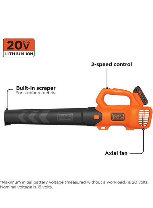 BLACK+DECKER 20V MAX Koordlose Blaasinstallasie, 2-Spoed, Tot 90 MPH, met Battery en Laaier (BCBL700D1)