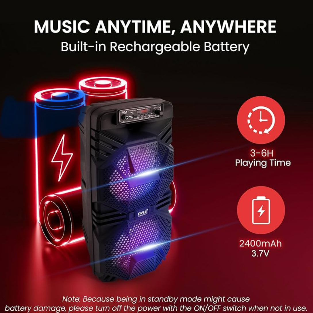 Rechargeable Portable Bluetooth PA Speaker 600W Outdoor System w/ Dual 8” Subwoofer 1” Tweeter, Microphone In, Party Lights, USB, Radio, Remote