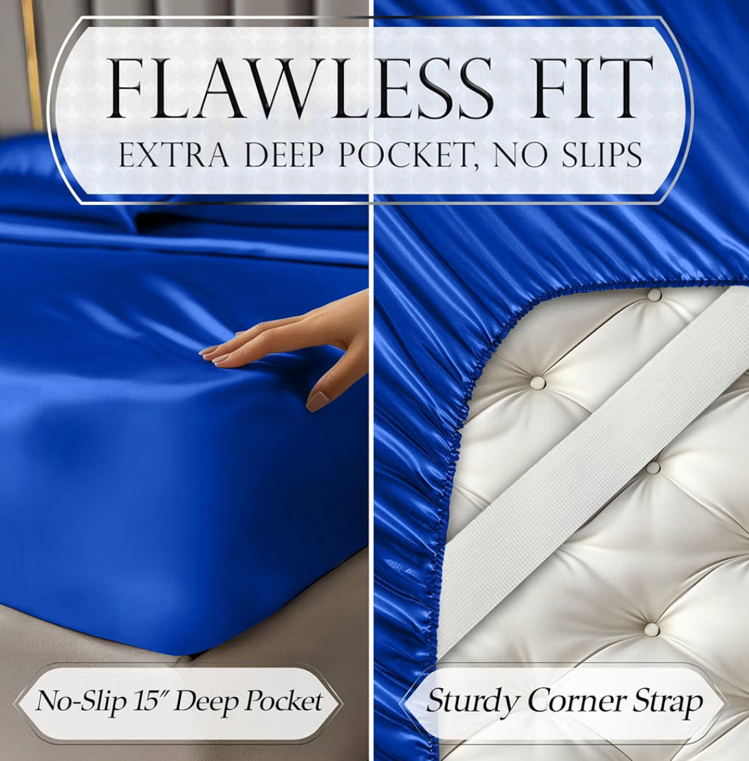 DECOLURE Satin Bed Sheets - 4 Piece Luxury Silky Twin Size Bedding Set - Softer Than Silk, Wrinkle-Free with 15” Deep Pocket Fitted Sheet, Perfect for Hair & Skin, Gifts for Women (Blue)