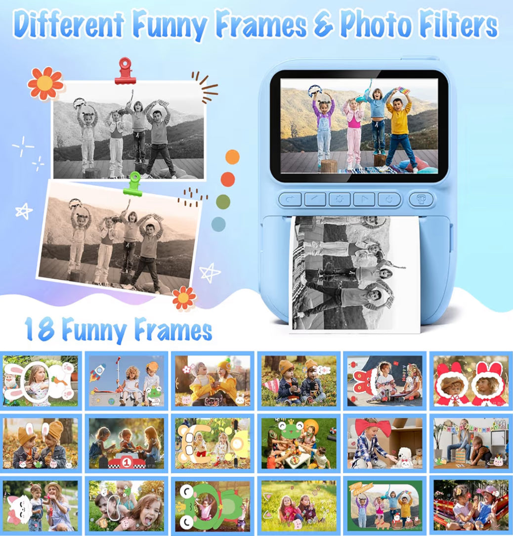 Kitsdruk-kamera 3.0" HD 32MP Kinders 1080P met 3 Rolletjies Drukkerpapier 32GB SD Kaart (Blou)