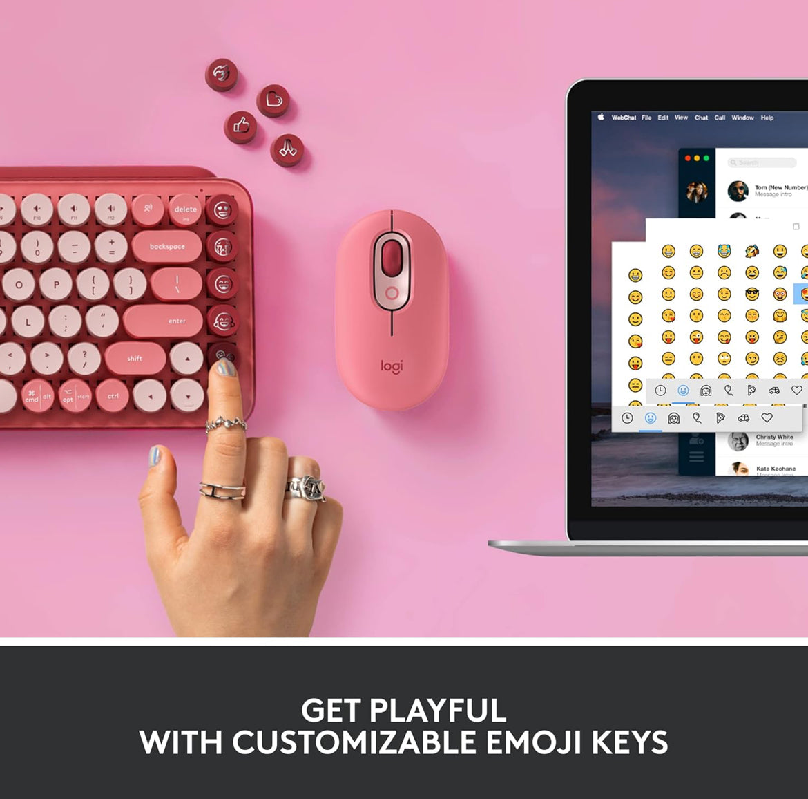 Logitech POP Meganiese Draadlose Sleutelbord met Aanpasbare Emoji-sleutels, Duursame Kompakte Ontwerp, Bluetooth- of USB-verbinding, Multi-toestel, OS-versoenbaar - Heartbreaker Rose