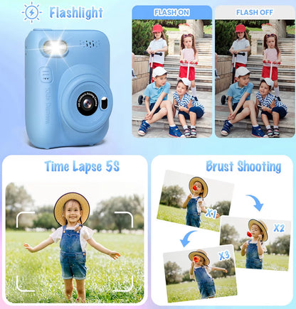 Kitsdruk-kamera 3.0" HD 32MP Kinders 1080P met 3 Rolletjies Drukkerpapier 32GB SD Kaart (Blou)
