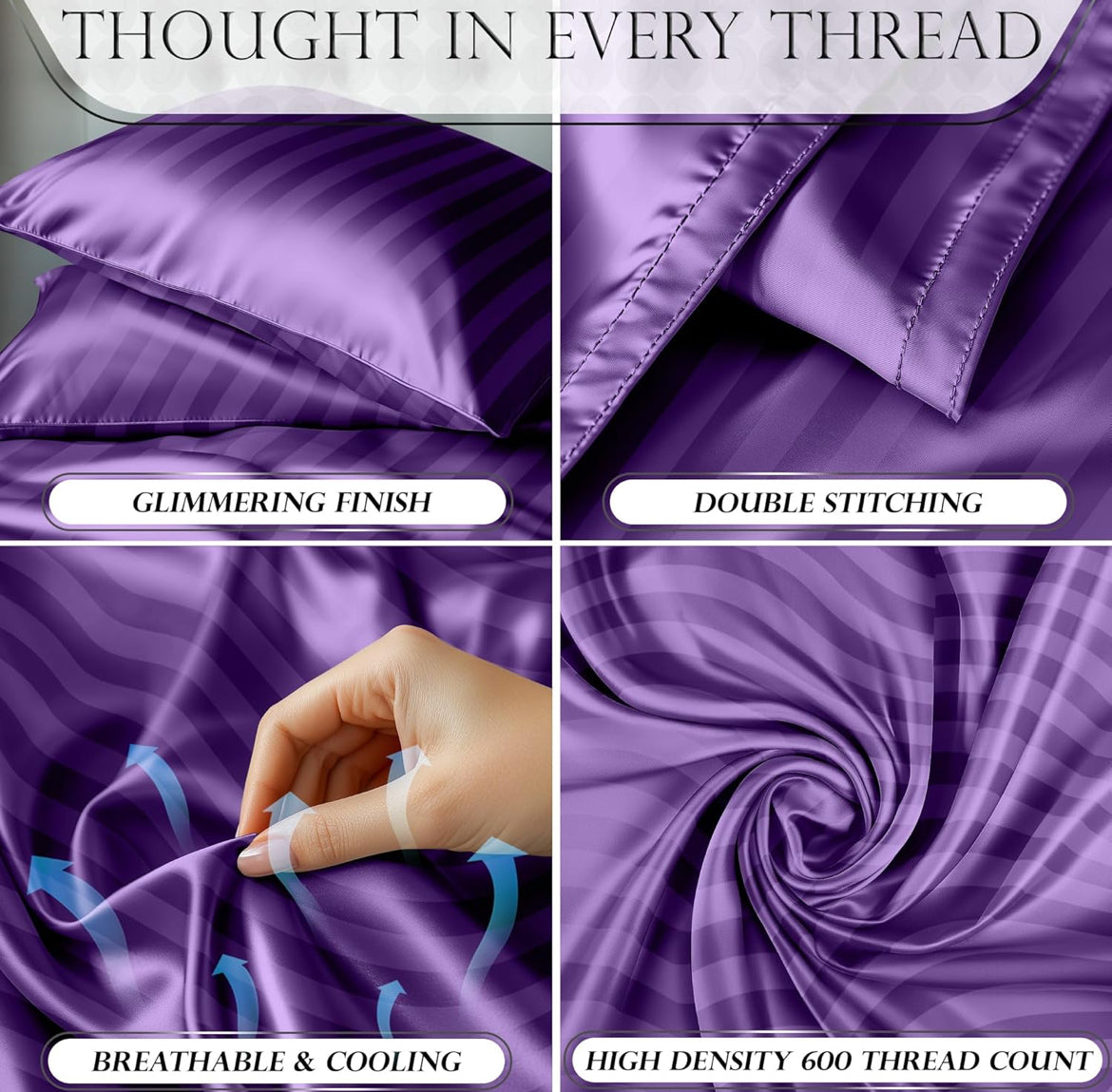 DECOLURE Satin Bed Sheets - 4 Piece Luxury Silky Queen Size Bedding Set - Softer Than Silk, Wrinkle-Free with 15” Deep Pocket Fitted Sheet, Perfect for Hair & Skin, Gifts for Women (Striped Purple)