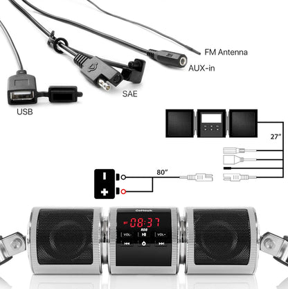 Motorcycle Bluetooth Speakers, Waterproof Radio Audio System
Built-in Amplifier, FM Radio, AUX Input, USB, Great for ATV, Scooter Bike,12 Volt Vehicle