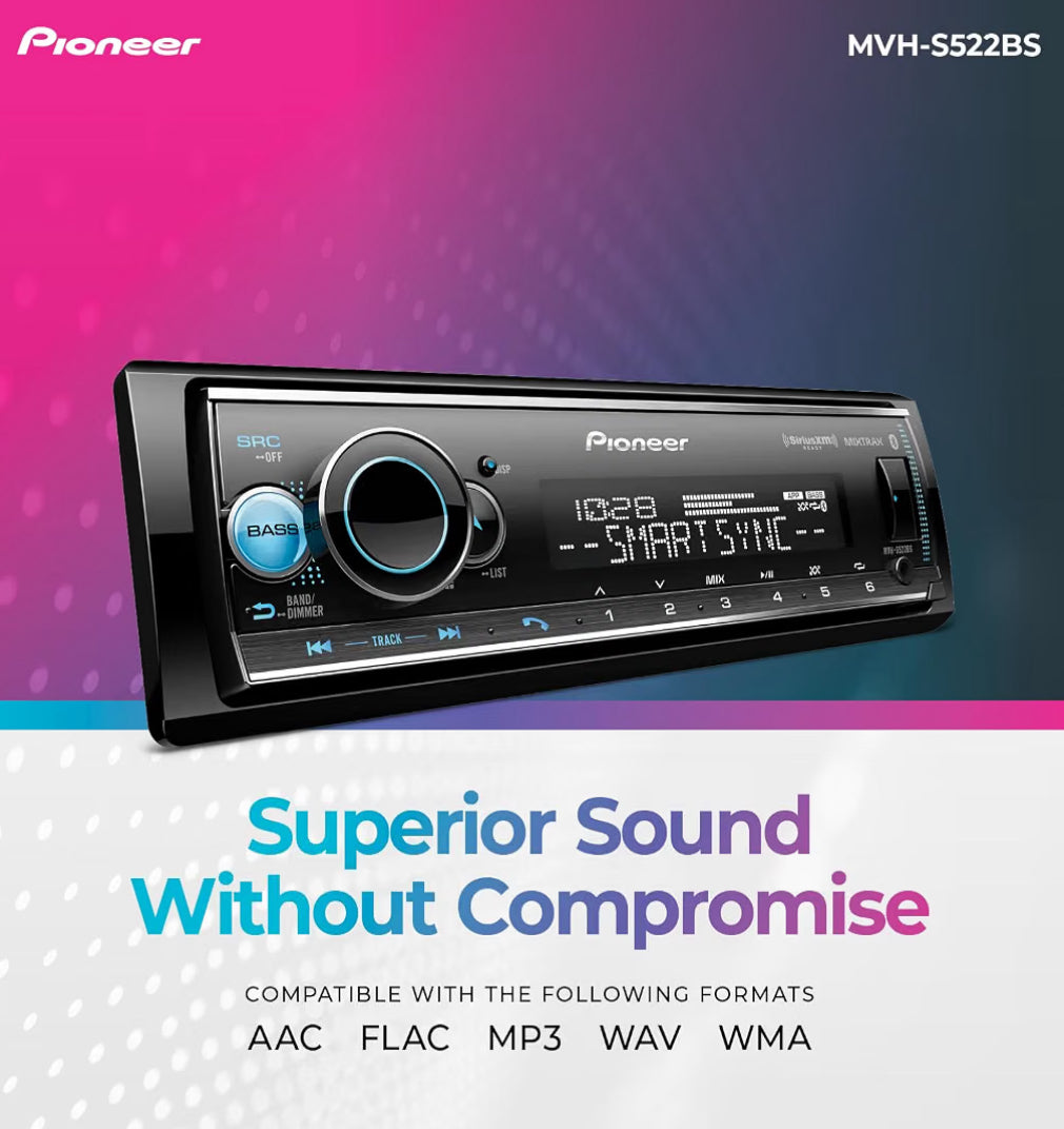 Pioneer MVH-S522BS 1-Din Car Stereo with Bluetooth, USB, AM/FM Radio
Digital Media Receiver, SiriusXM, Color Change, 50W x 4 Output, 13-Band EQ, iPhone/Android Compatible, Hi-Volt RCA Preouts