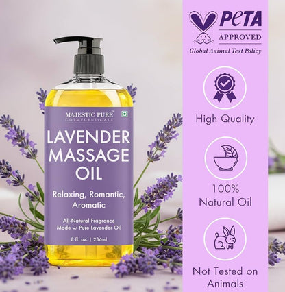 PURE Lavender Massage Oil for Massage Therapy - Refreshing, and Relaxing - Natural Oils with Lavender Essential Oil - for All Skin Types - Men and Women Massage Lotion - 8 fl oz