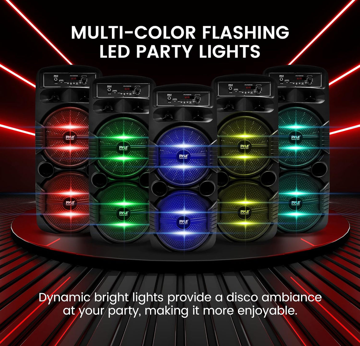 Portable Bluetooth PA Speaker System 8" 600W Rechargeable w/ Dual Subwoofer, Microphone In, Party Lights, USB, Radio, Remote