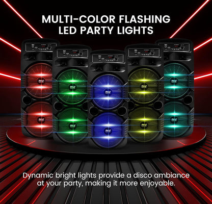 Portable Bluetooth PA Speaker System 8" 600W Rechargeable w/ Dual Subwoofer, Microphone In, Party Lights, USB, Radio, Remote